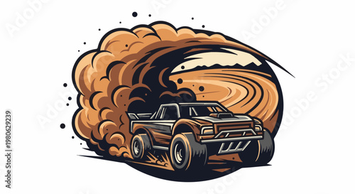 Off-road vehicle kicking up a cloud of dirt and dust