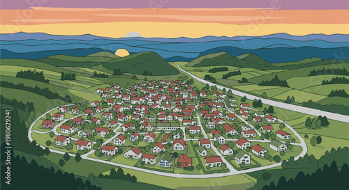 A picturesque village nestled in rolling green hills at sunset