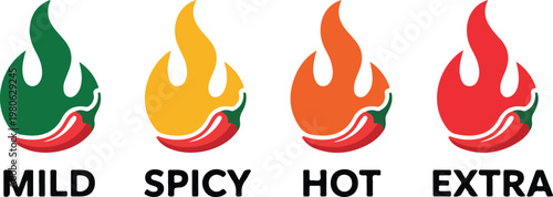 Spice Level Icons: A vibrant visual guide to the intensity of heat, featuring four fiery chili pepper icons, each representing a different level of spiciness, from mild to extra hot.