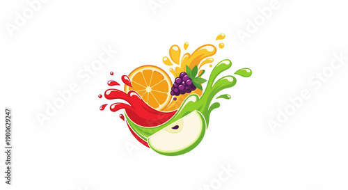 Vibrant fruit splashes in red, orange, yellow, and green hues