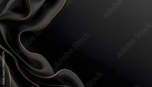 A dark background with a flowing black fabric and golden accents