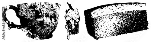 Vector halftone illustrations of coffee mug, milkshake glass, and cake slice, isolated on transparent background, stylized with speckled texture, graphic design elements for food branding or menu art.