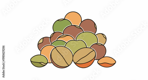 A stylized illustration depicts a pile of various colored beans on a white background