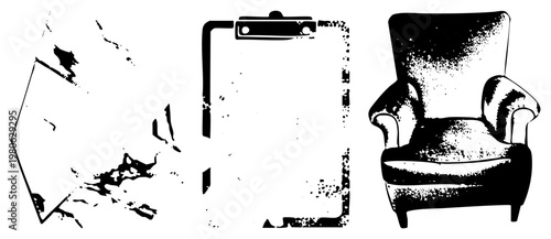 Retro clipboard with sheet, crumpled document, classic armchair, vector art, textured halftone style, office or study scene.