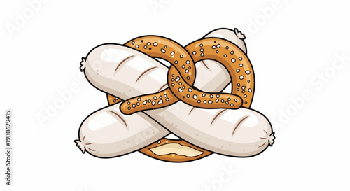 A cartoon illustration of two white sausages intertwined with a pretzel