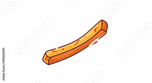 A single, curved, golden french fry with red sauce splatters