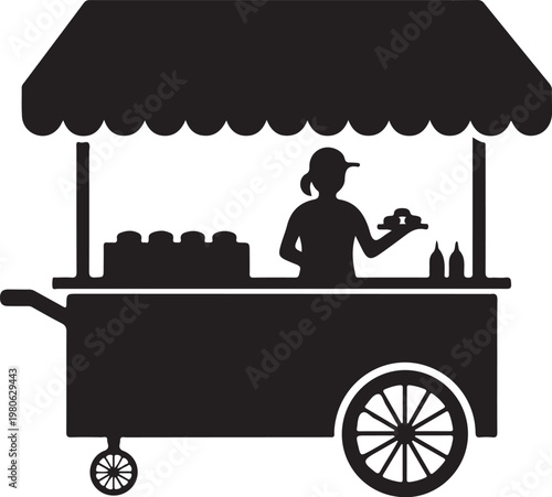 Black silhouette of woman serving food from cart with awning