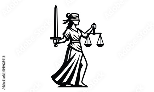 Lady Justice Icon with Sword and Scales on White Background