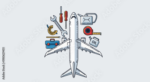 Overhead view of an airplane surrounded by various tools and maintenance supplies