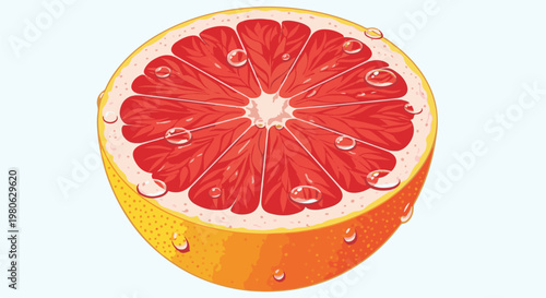 Close-up of a juicy grapefruit slice with glistening water droplets