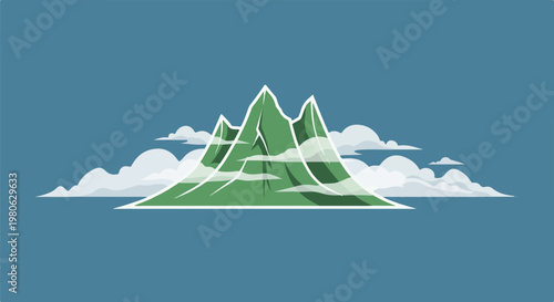 Stylized green mountain peaks with fluffy white clouds against a blue sky
