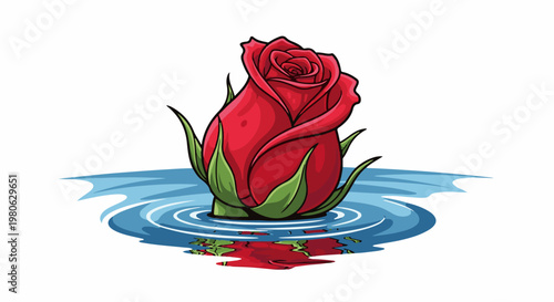 A single red rose bud emerges from tranquil blue water, with reflection