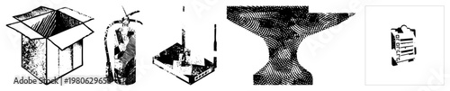 Black and white vector including open box, fire extinguisher, server rack, anvil, and clipboard, halftone style, isolated, cutout, rgba