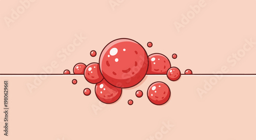Close-up pixel art illustration of red, glistening bubbles or spheres on a light pink background