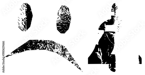 Stylized human figure with fragmented eyes and mouth, glitch art distortion, vector silhouette, graphic design element, digital art piece.