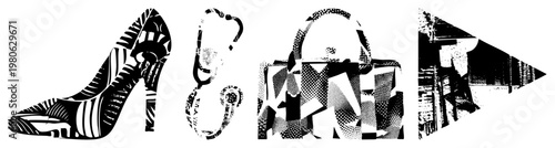 Vector featuring high heel shoe, medical stethoscope, luxury handbag, and play button, rendered in halftone and geometric, ideal for UI, branding, or print design.