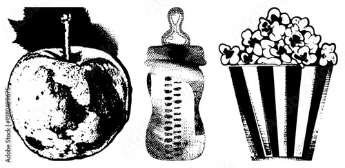 Classic black and white halftone graphic featuring bitten, baby feeding bottle, and striped popcorn bucket. Retro food and baby rendered in dot matrix style.