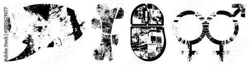 Grunge style vector symbols including gender signs, bone, and abstract shapes, textured with noise and fragmented for design use.