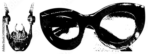 Vintage cat eye sunglasses with distressed texture, paired with skull shaped tongs, bold graphic design, black and white vector art, edgy fashion accessory.