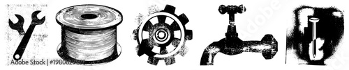 Set of mechanical tools including wrench, wire spool, gear, faucet, and nail, rendered in halftone texture, isolated vector graphics for design use.