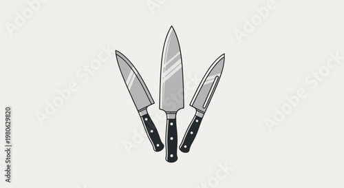 Three sharp kitchen knives are displayed in a minimalist illustration against a light background