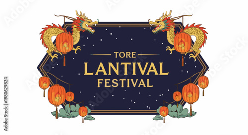 Festival banner with dragons, lanterns, and stars