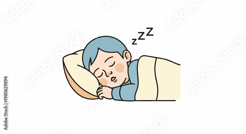 Child sleeping peacefully on a pillow under a blanket, with Zzzs
