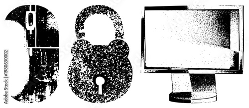 Cybersecurity symbols computer mouse, padlock, monitor screen, digital protection, safety, tech security, data privacy.