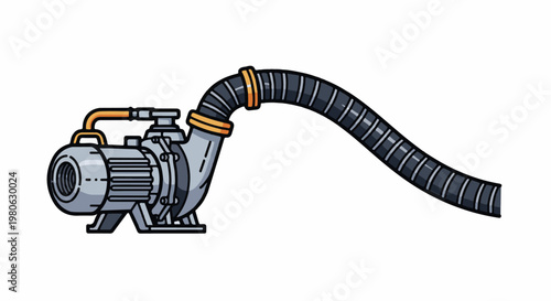 A motorized water pump with a flexible black hose attached to its outlet