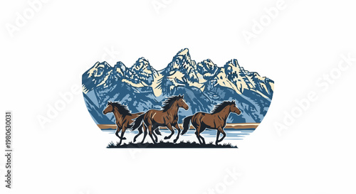 Three horses gallop along a lake with majestic mountains behind