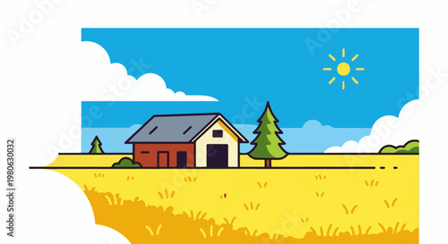 A sunny rural scene with a red and white barn, pine trees, and golden fields