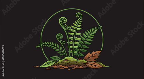 Green fern unfurling inside a simple green circle against black