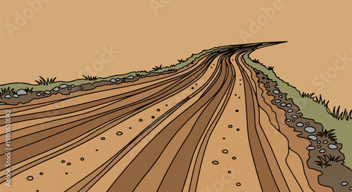 A curving dirt road with rocky edges and sparse grass under a tan sky