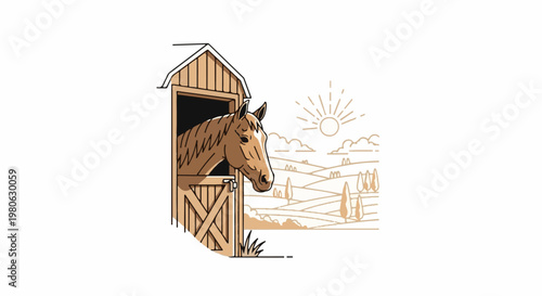 Horse peeking from barn door on a sunny rural landscape
