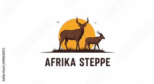 Two brown deer stand in grassy savanna with setting sun