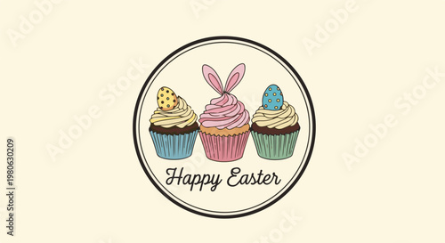 Three cupcakes adorned with bunny ears and Easter eggs