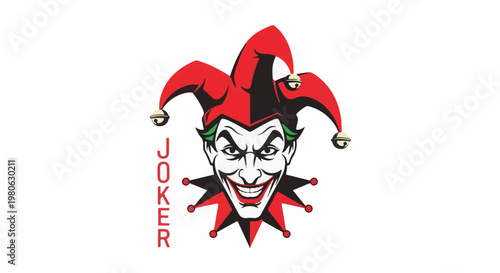 A jester's grinning face adorned with a red cap, bells, and spiky collar