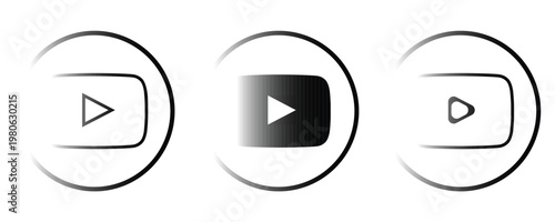 Modern social media video player icons set with stylish black motion blur and speed effect on white background isolation.