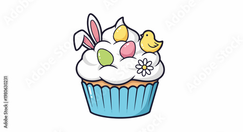A cute cartoon cupcake adorned with bunny ears, colorful eggs, and a little chick