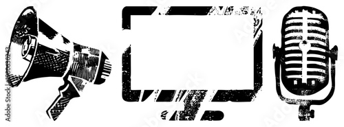 Retro broadcasting symbols megaphone for public address, TV frame for, vintage mic for recording all in gritty halftone style.