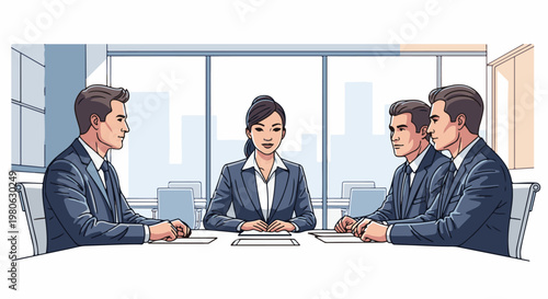 Business professionals in a meeting around a table with large windows