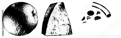 Halftone stylized citrus fruit, wedge of cheese, pizza slice with mushrooms, black and white vector illustration, food set, graphic design elements.