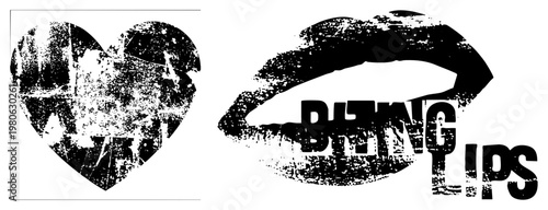 Grungy heart and lips graphic with “BITING LIPS” text, distressed texture, bold typography, black and white vector design, urban aesthetic.