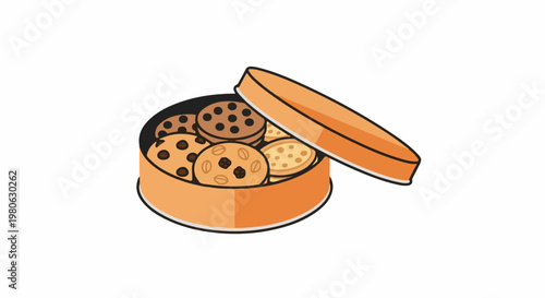 A round orange tin box filled with various cookies, lid ajar