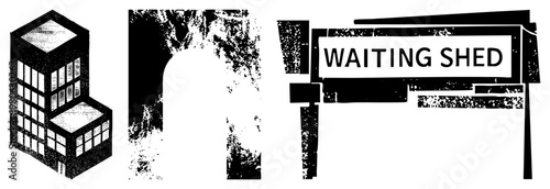 Black and white vector waiting shed sign, archway, modern building, urban architecture, minimalist design, graphic symbols, street signage.