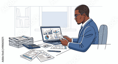 Man in suit analyzes charts on laptop with papers and calculator on desk