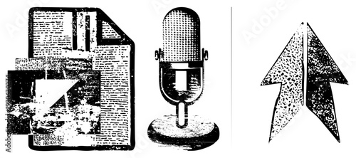 Retro microphone with mesh grille, digital file with arrow, halftone texture, vector illustration, recording, digital content, symbols.