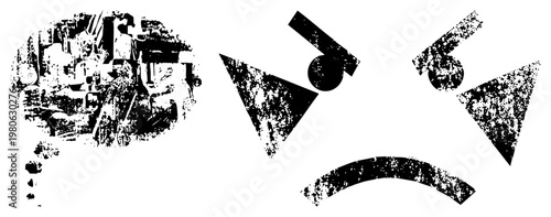 Frustrated with downturned mouth and angry eyes, thought bubble showing industrial equipment, distressed digital vector design.