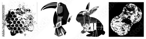 Bee hovering near hexagonal honeycomb, textured vector illustration, insect and hive graphic, natural design, artwork.