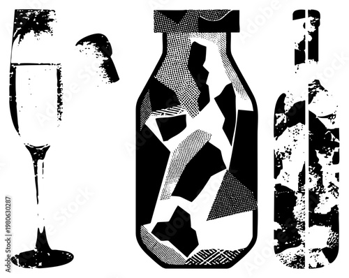 Retro halftone print of glass bottle, champagne flute, and vintage bottle with textured, isolated graphic, design, stylized beverage containers.